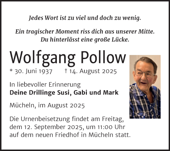 Traueranzeige von Wolfgang Pollow von Trauerkombi Merseburg