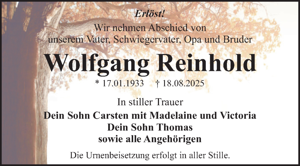  Traueranzeige für Wolfgang Reinhold vom 30.08.2025 aus Trauerkombi Dessau