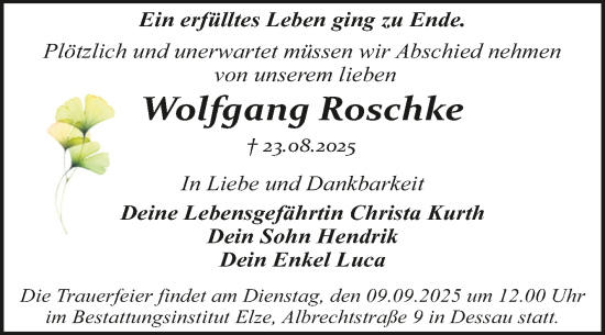 Traueranzeige von Wolfgang Roschke von Trauerkombi Dessau