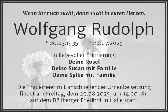 Traueranzeige von Wolfgang Rudolph von Mitteldeutsche Zeitung Halle/Saalkreis
