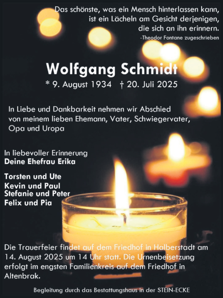  Traueranzeige für Wolfgang Schmidt vom 09.08.2025 aus Volksstimme Halberstadt