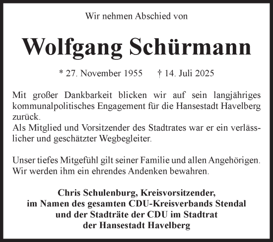 Traueranzeige von Wolfgang Schürmann von Volksstimme Altmark Ost