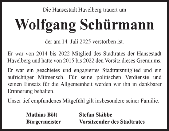 Traueranzeige von Wolfgang Schürmann von Volksstimme Altmark Ost
