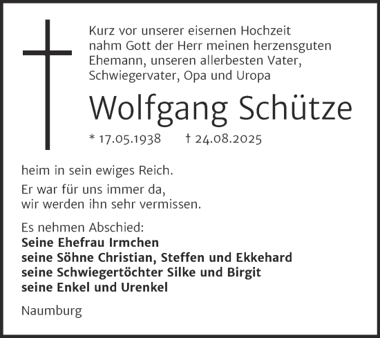 Traueranzeige von Wolfgang Schütze von Naumburger Tageblatt
