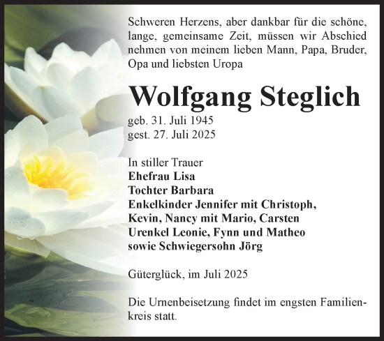 Traueranzeige von Wolfgang Steglich von Volksstimme Zerbst