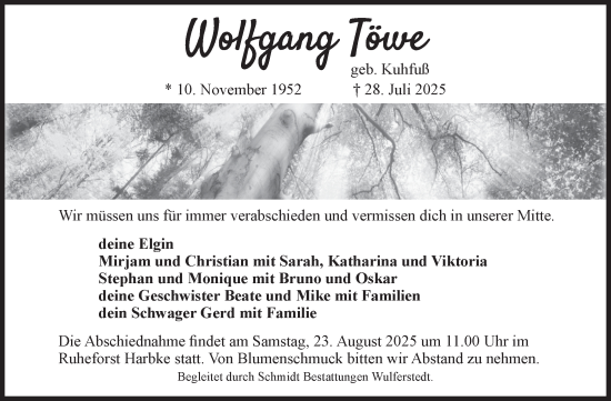 Traueranzeige von Wolfgang Töwe von Volksstimme Oschersleben/Wanzleben