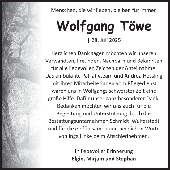 Traueranzeige von Wolfgang Töwe von Volksstimme Oschersleben/Wanzleben