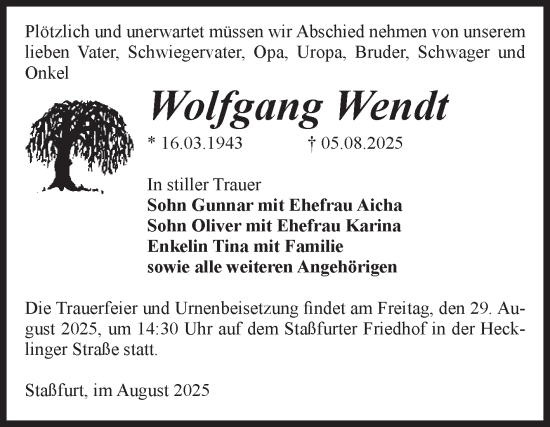 Traueranzeige von Wolfgang Wendt von Volksstimme Staßfurt