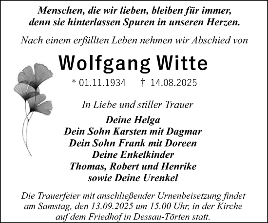 Traueranzeige von Wolfgang Witte von Trauerkombi Dessau