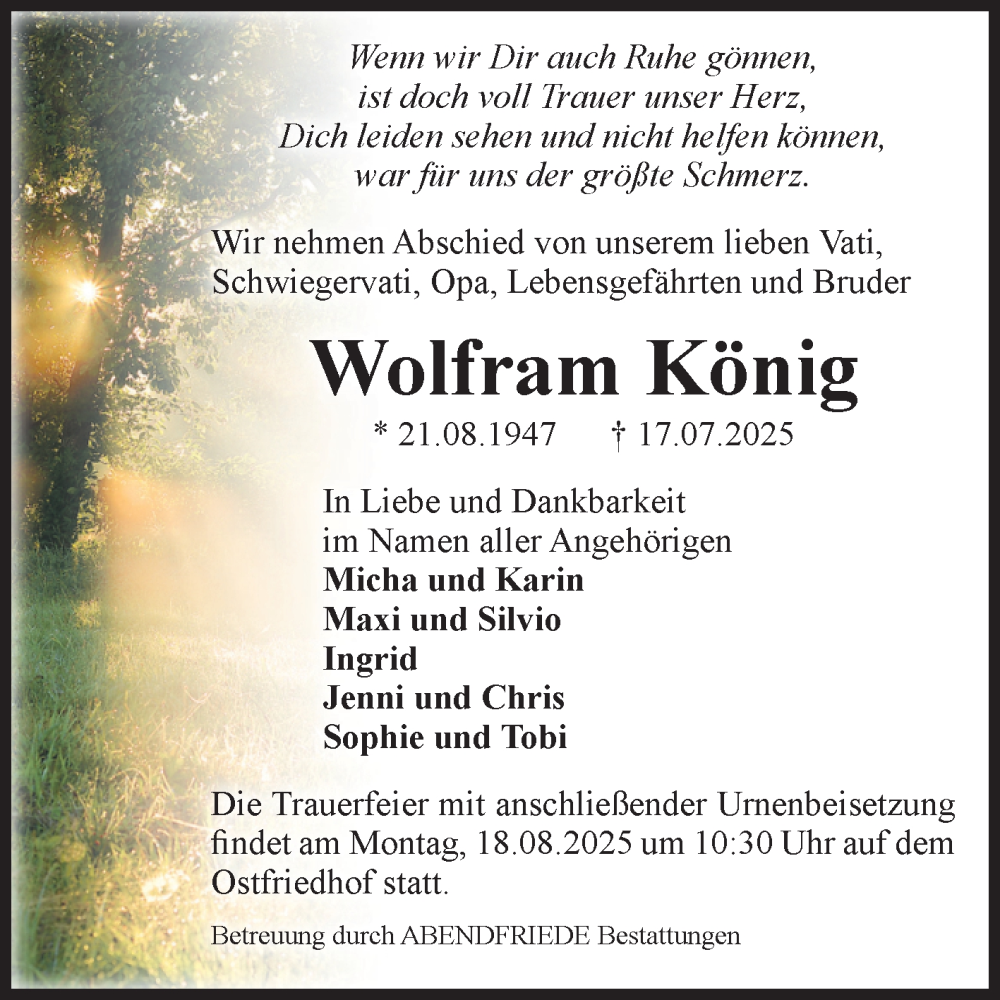  Traueranzeige für Wolfram König vom 02.08.2025 aus Volksstimme Magdeburg