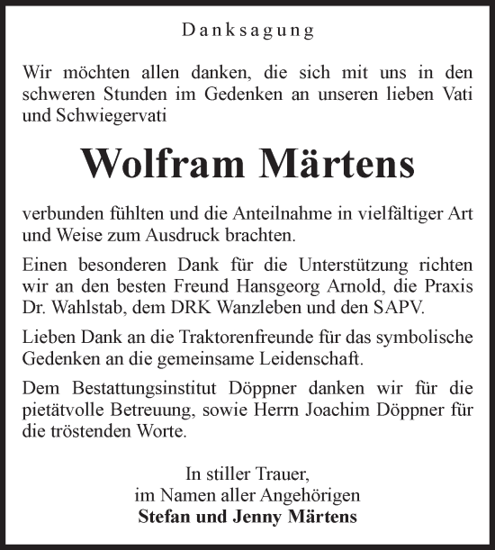 Traueranzeige von Wolfram Märtens von Volksstimme Oschersleben/Wanzleben