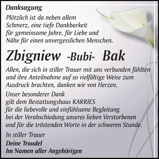 Traueranzeige von Zbigniew Bak von Trauerkombi Quedlinburg