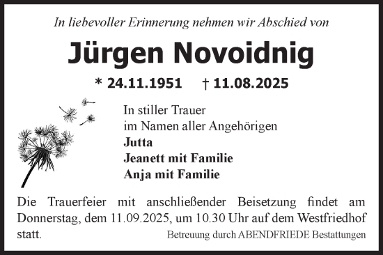 Traueranzeige von Jürgen Novoidnig von Volksstimme Magdeburg