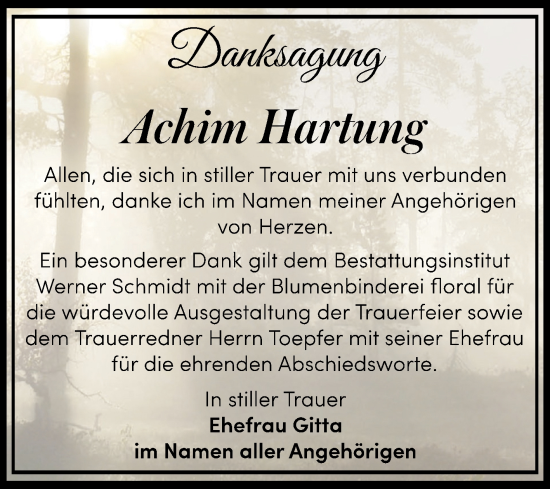 Traueranzeige von Achim Hartung von Trauerkombi Quedlinburg