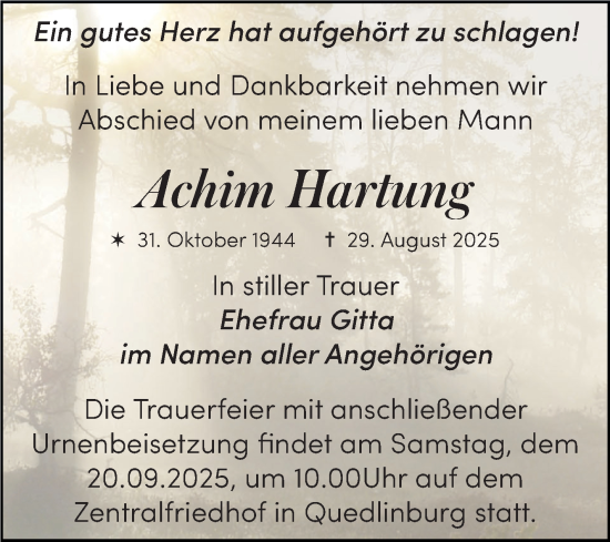 Traueranzeige von Achim Hartung von Trauerkombi Quedlinburg