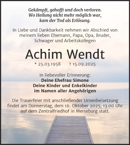 Traueranzeige von Achim Wendt von Trauerkombi Merseburg