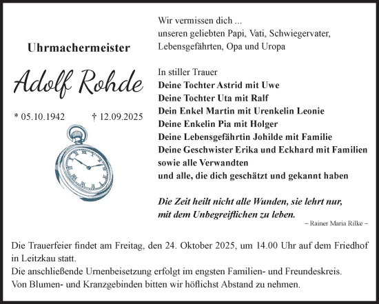 Traueranzeige von Adolf Rohde von Volksstimme Burg/Genthin