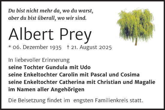Traueranzeige von Albert Prey von Super Sonntag Naumburg/Nebra