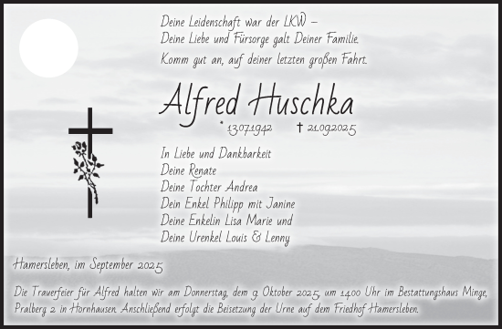 Traueranzeige von Alfred Huschka von Volksstimme Oschersleben/Wanzleben