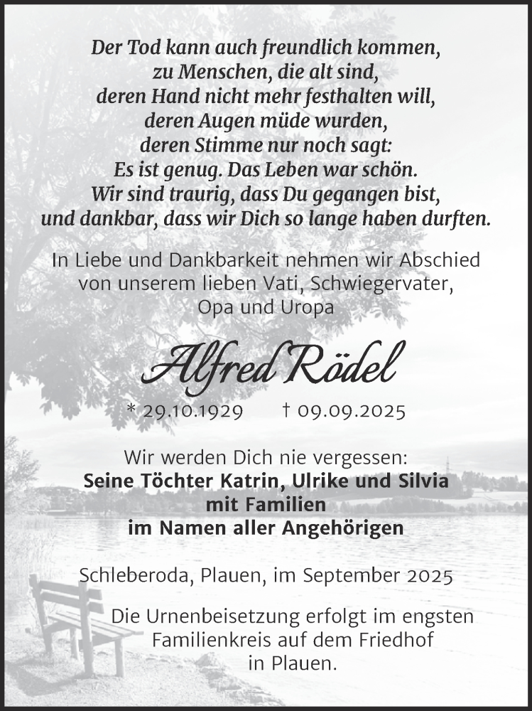  Traueranzeige für Alfred Rödel vom 20.09.2025 aus Naumburger Tageblatt
