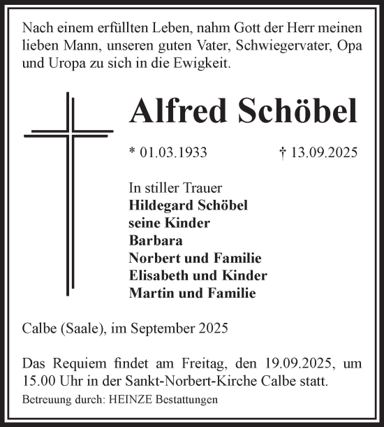 Traueranzeige von Alfred Schöbel von Volksstimme Schönebeck