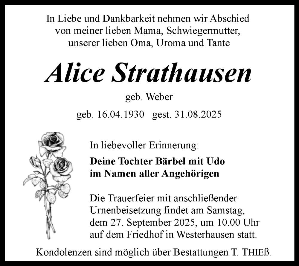  Traueranzeige für Alice Strathausen vom 06.09.2025 aus Mitteldeutsche Zeitung Quedlingburg