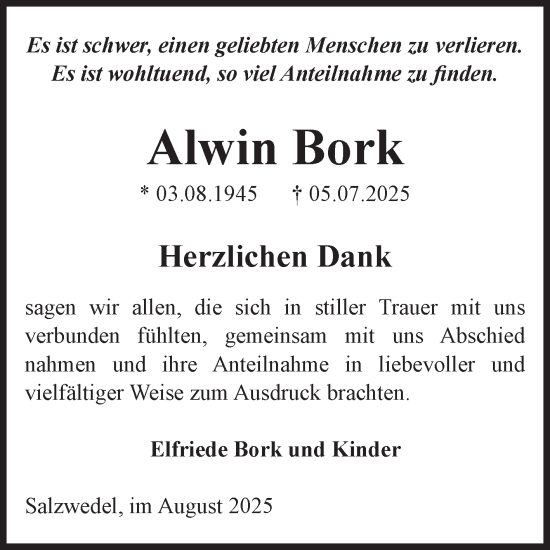 Traueranzeige von Alwin Bork von Volksstimme Altmark West