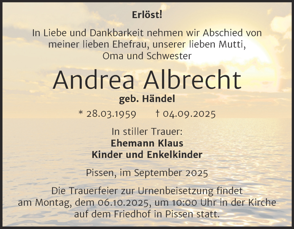  Traueranzeige für Andrea Albrecht vom 20.09.2025 aus Trauerkombi Merseburg