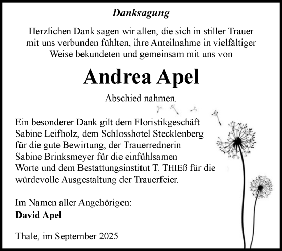 Traueranzeige von Andrea Apel von Trauerkombi Quedlinburg