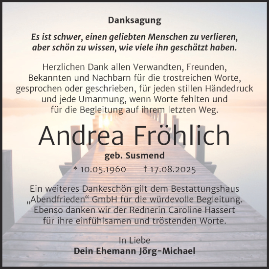 Traueranzeige von Andrea Fröhlich von Trauerkombi Merseburg