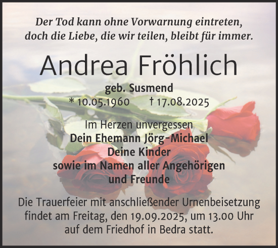 Traueranzeige von Andrea Fröhlich von Trauerkombi Merseburg