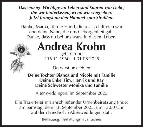 Traueranzeige von Andrea Krohn von Volksstimme Oschersleben/Wanzleben