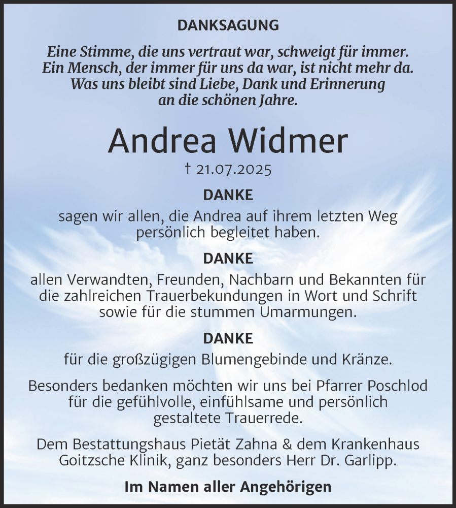  Traueranzeige für Andrea Widmer vom 13.09.2025 aus Trauerkombi Wittenberg