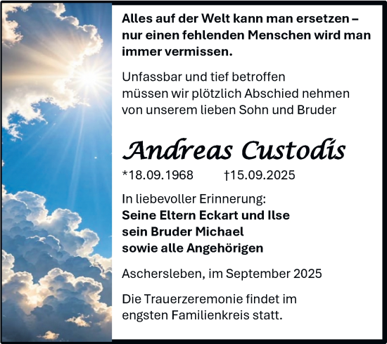 Traueranzeige von Andreas Custodis von Trauerkombi Aschersleben