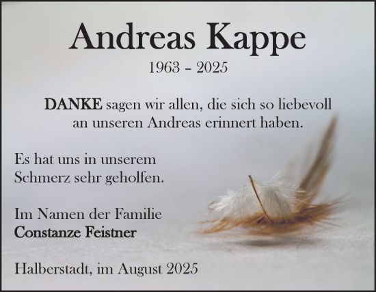 Traueranzeige von Andreas Kappe von Volksstimme Halberstadt