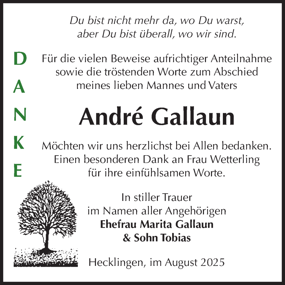  Traueranzeige für André Gallaun vom 06.09.2025 aus Volksstimme Staßfurt