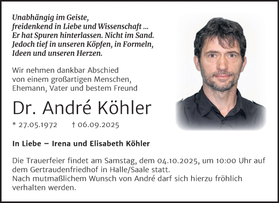 Traueranzeige von André Köhler von Mitteldeutsche Zeitung Halle/Saalkreis