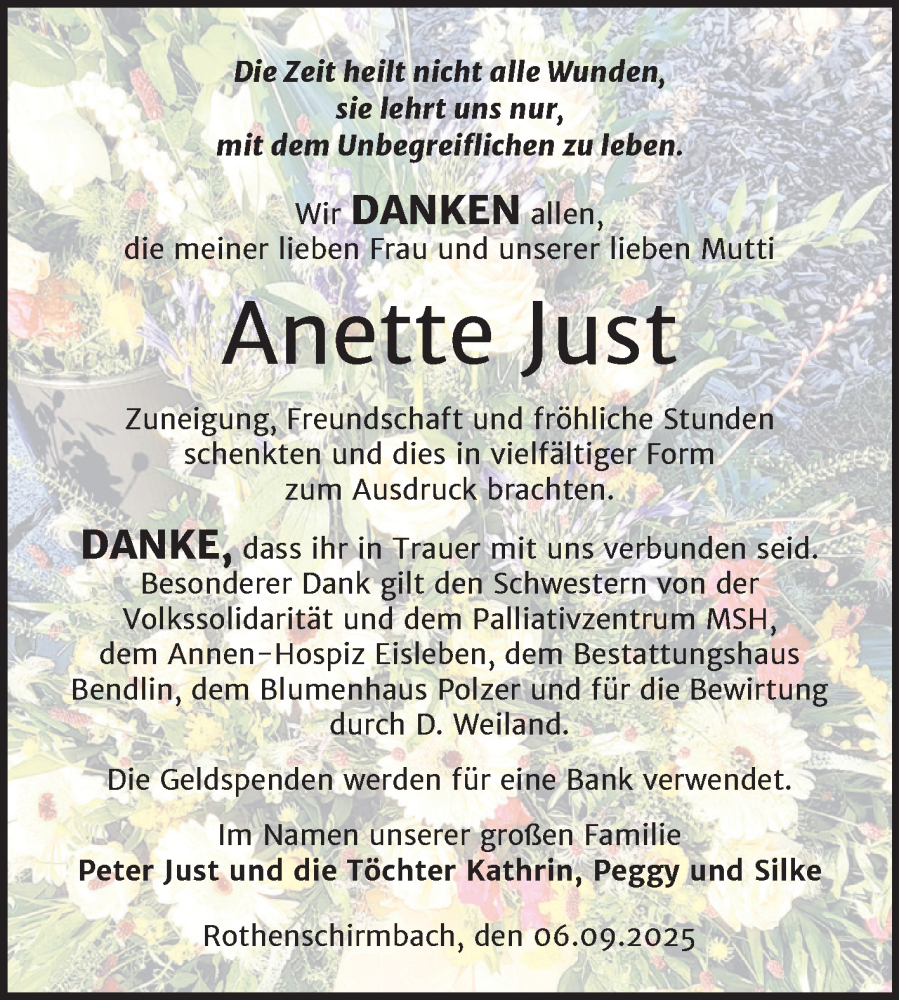  Traueranzeige für Anette Just vom 20.09.2025 aus Trauerkombi Mansfelder Land