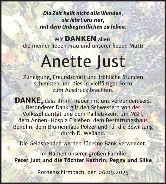 Traueranzeige von Anette Just von Trauerkombi Mansfelder Land