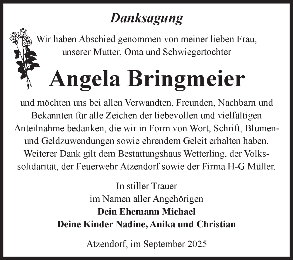  Traueranzeige für Angela Bringmeier vom 13.09.2025 aus Volksstimme Staßfurt