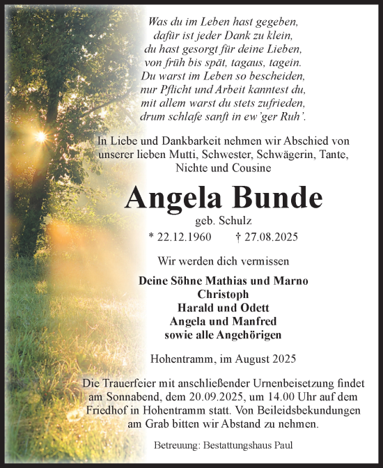 Traueranzeige von Angela Bunde von Volksstimme Altmark West