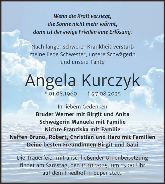 Traueranzeige von Angela Kurczyk von Trauerkombi Wittenberg