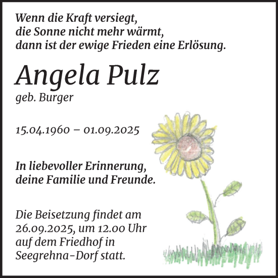 Traueranzeige von Angela Pulz von Trauerkombi Wittenberg