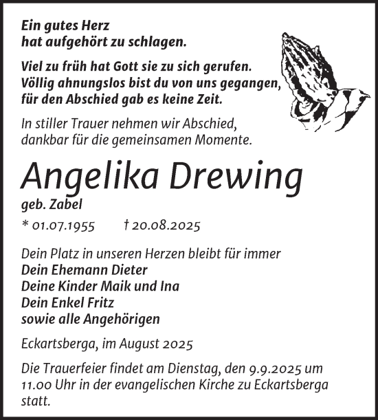 Traueranzeige von Angelika Drewing von Naumburger Tageblatt
