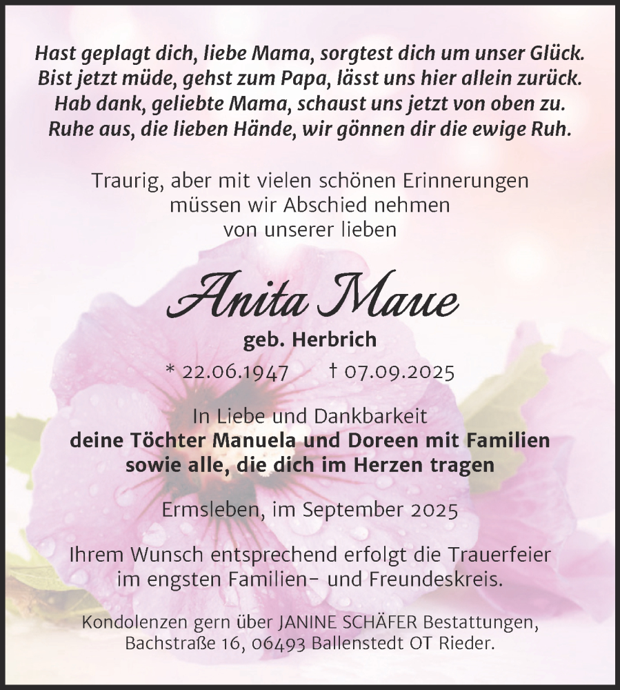  Traueranzeige für Anita Maue vom 20.09.2025 aus Trauerkombi Quedlinburg