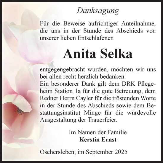 Traueranzeige von Anita Selka von Volksstimme Oschersleben/Wanzleben