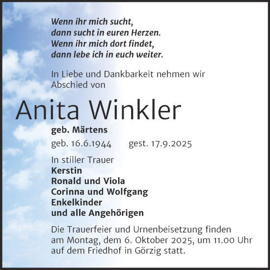 Traueranzeige von Anita Winkler von Trauerkombi Köthen
