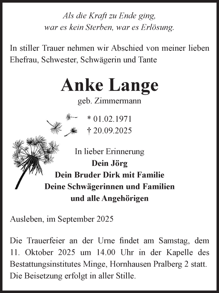  Traueranzeige für Anke Lange vom 27.09.2025 aus Volksstimme Oschersleben/Wanzleben