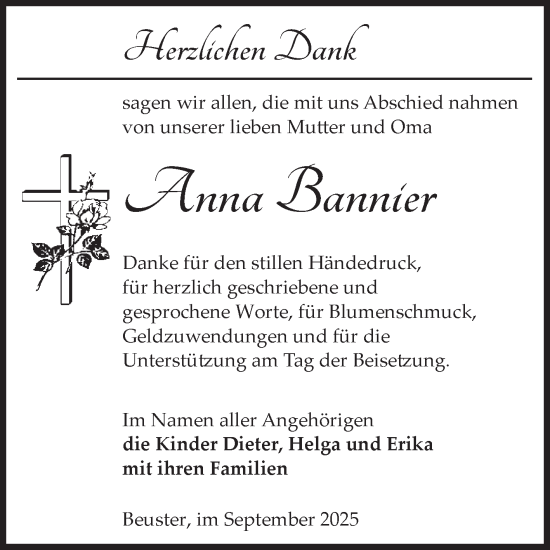 Traueranzeige von Anna Bannier von Volksstimme Altmark Ost