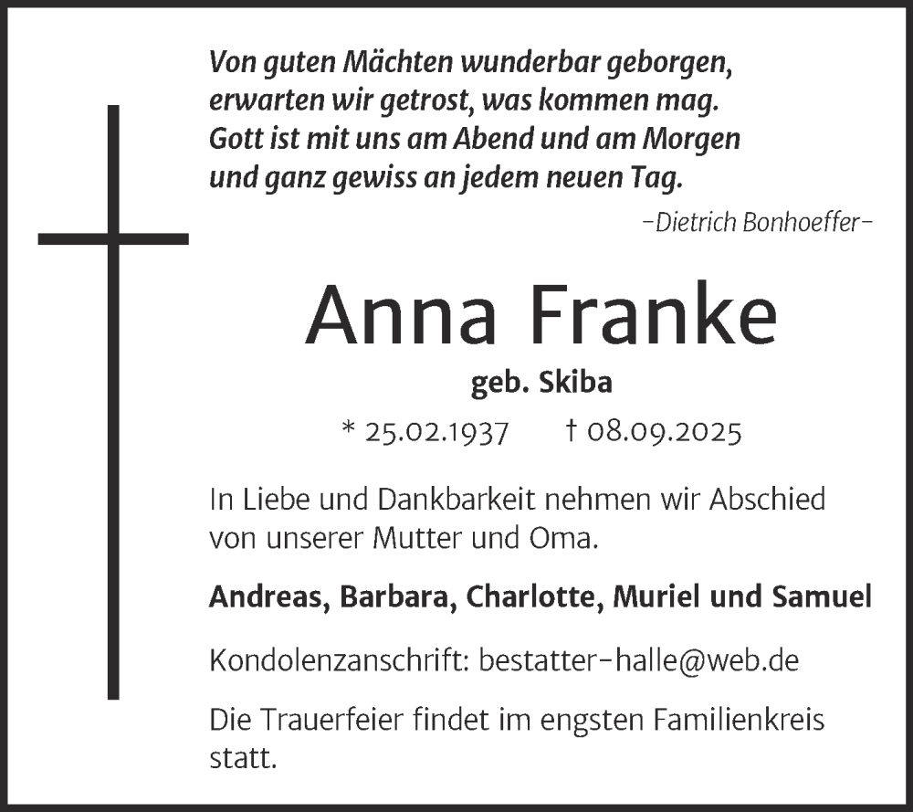  Traueranzeige für Anna Franke vom 20.09.2025 aus Mitteldeutsche Zeitung Halle/Saalkreis